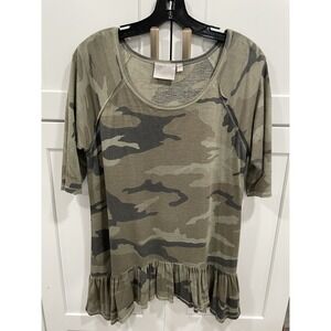 Dantelle Anthropologie Women's SZ L Tunic Top Camo Ruffle Hem Shirt Blouse SI13